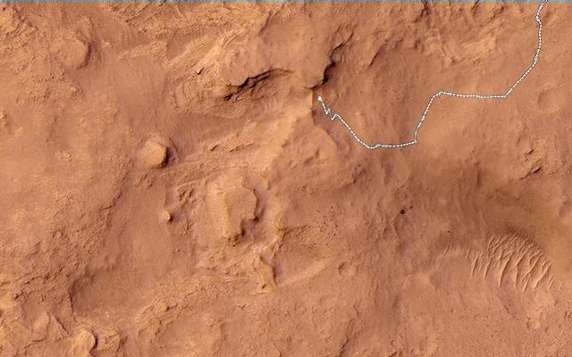 This map shows the route driven by NASA's Mars rover Curiosity through the 528 Martian day, or sol, of the rover's mission on Mars (January 30, 2014).