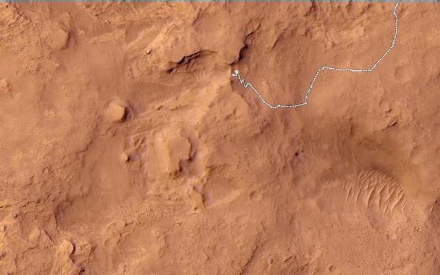 This map shows the route driven by NASA's Mars rover Curiosity through the 533 Martian day, or sol, of the rover's mission on Mars (February 4, 2014).