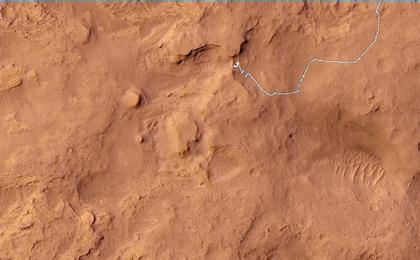This map shows the route driven by NASA's Mars rover Curiosity through the 533 Martian day, or sol, of the rover's mission on Mars (February 4, 2014).