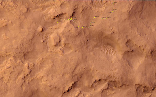 This map shows the route driven by NASA's Mars rover Curiosity through the 538 Martian day, or sol, of the rover's mission on Mars (February 9, 2014).