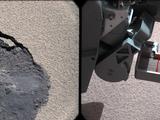 This pair of images shows a "bite mark" where NASA's Curiosity rover scooped up some Martian soil (left), and the scoop carrying soil.