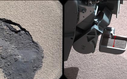 This pair of images shows a "bite mark" where NASA's Curiosity rover scooped up some Martian soil (left), and the scoop carrying soil.