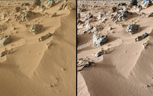 This pair of images from the Mast Camera on NASA's Curiosity rover shows the upper portion of a wind-blown deposit dubbed "Rocknest."