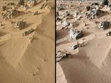This pair of images from the Mast Camera on NASA's Curiosity rover shows the upper portion of a wind-blown deposit dubbed "Rocknest."
