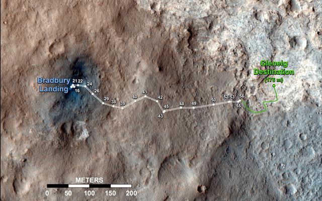 This map shows the route driven by NASA's Mars rover Curiosity through the 56th Martian day, or sol, of the rover's mission on Mars (Oct. 2, 2012).