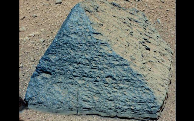 This image shows where NASA's Curiosity rover aimed two different instruments to study a pyramid-shaped rock known as "Jake Matijevic."