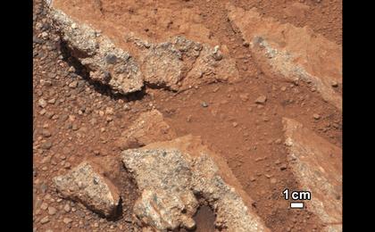 In this image from NASA's Curiosity rover, a rock outcrop called Link pops out from a Martian surface that is elsewhere blanketed by reddish-brown dust. The fractured Link outcrop has blocks of exposed, clean surfaces.