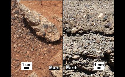 This set of images compares the Link outcrop of rocks on Mars (left) with similar rocks seen on Earth (right).