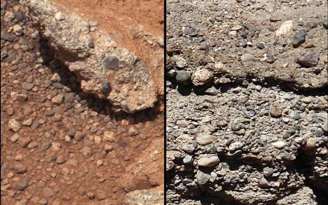 This set of images compares the Link outcrop of rocks on Mars (left) with similar rocks seen on Earth (right).
