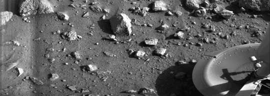 This is the first photograph ever taken on the surface of the planet Mars. It was obtained by Viking 1 just minutes after the spacecraft landed successfully early today [July 20, 1976].