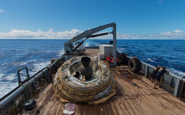 The first "flown" test vehicle of Low-Density Supersonic Decelerator project relaxes aboard the recovery vessel Kahana.