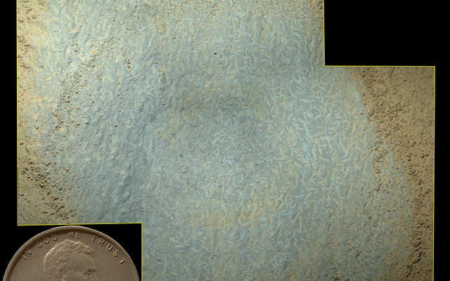 Lozenge-shaped crystals are evident in this magnified view of a Martian rock target called "Mojave," taken on Nov. 15, 2014, by the Mars Hand Lens Imager on the arm of NASA's Curiosity Mars rover. These features record concentration of dissolved salts, possibly in a drying lake.