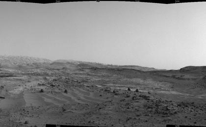 NASA's Curiosity Mars rover used its Navigation Camera to capture this view on April 11, 2015, during passage through a valley called "Artist's Drive" on the route up Mount Sharp.