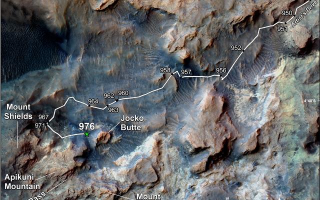 This map shows the route on lower Mount Sharp that NASA's Curiosity followed in April and early May 2015, in the context of the surrounding terrain.  Numbers along the route identify the sol, or Martian day, on which it completed the drive reaching that point, as counted since its 2012 landing.