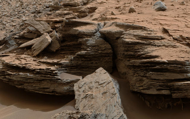 This view from the Mastcam on NASA's Curiosity Mars rover shows an example of cross-bedding that results from water  passing over a loose bed of sediment. It was taken Nov. 2, 2014, at a target called "Whale Rock" within the "Pahrump Hills" outcrop at the base of Mount Sharp.