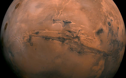 Mosaic of the Valles Marineris hemisphere of Mars projected into point perspective, a view similar to that which one would see from a spacecraft.