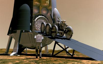 In this artist's concept, astronauts work with a rover to unload cargo necessary for their survival.