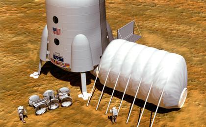 In this artist's concept, an imagined habitat for humans living on Mars, with a rover helper and scientific labs.