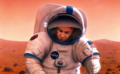 In this artist's concept, an astronaut returns to the landing site of NASA's Mars Pathfinder mission.