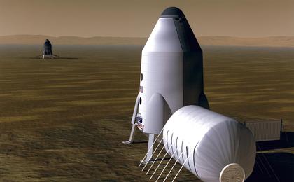 In this artist's concept, a human habitat on Mars is located a short distance from an ascent vehicle that will carry them off the planet later, and a place where fuel is made.