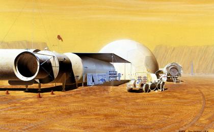 In this artist's concept, an outpost for astronauts living and working on Mars is imagined.