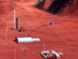 In this artist's concept, a human habitat on Mars with a greenhouse and many facilities needed for survival.