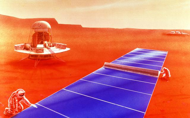 Solar panels stretch out in a large blue line on the reddish Martian surface as astronauts work on it.