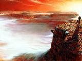 This artist's concept depicts a possible scene when the first human travelers might walk on the surface of Mars.