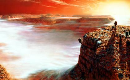This artist's concept depicts a possible scene when the first human travelers might walk on the surface of Mars.