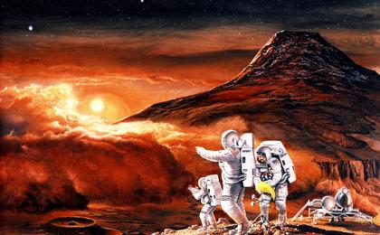In this artist's concept, astronauts work on Mars' surface with Martian moons Phobos and Deimos visible in the sky.
