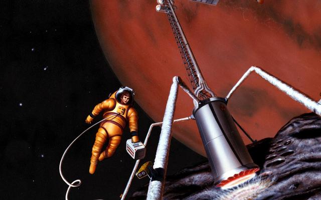 In this artist's concept, astronauts get resources for their survival on Mars' moon Phobos.