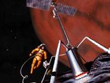 In this artist's concept, astronauts get resources for their survival on Mars' moon Phobos.