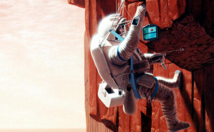 In this artist's concept, an astronaut collects Mars rock samples on the largest shield volcano in the solar system.