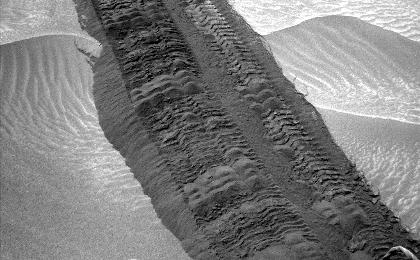 This image from the Navigation Camera on NASA's Curiosity Mars rover shows wheel tracks printed by the rover as it drove on the sandy floor of a lowland called "Hidden Valley" on the route toward Mount Sharp.
