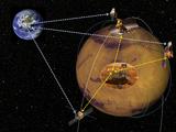Artist rendering of commercial Mars satellites providing communications back to Earth.