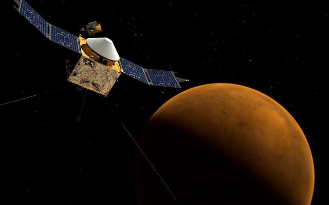 This artist's concept depicts NASA's Mars Atmosphere and Volatile EvolutioN (MAVEN) spacecraft near Mars.