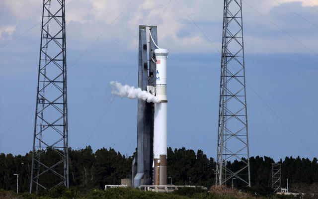 The United Launch Alliance Atlas V rocket stands at Launch Complex 41 on Cape Canaveral Air Force Station in Florida during a "wet dress rehearsal."