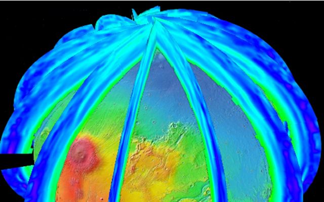The Mars Climate Sounder instrument on NASA's Mars Reconnaissance Orbiter maps the vertical distribution of temperatures, dust, water vapor and ice clouds in the Martian atmosphere as the orbiter flies a near-polar orbit.