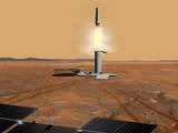 This artist's concept of a proposed Mars sample return mission portrays the launch of an ascent vehicle. The solar panels in the foreground are part of a rover.