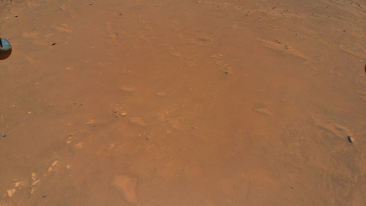 The Mars Helicopter took a color image of the surface of Mars at an altitude of 33 feet (10 meters).