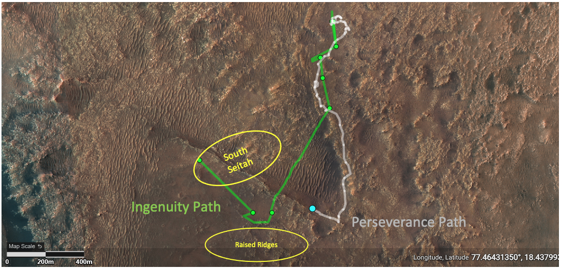 This annotated image depicts the ground tracks of NASA's Perseverance rover (white) and Ingenuity Mars Helicopter (green) since arriving on Mars on Feb. 18, 2021. The green dots represent the locations of the helicopter’s airfields during the 11 flights.