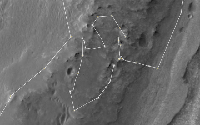This map shows the route driven by NASA's Mars Exploration Rover Opportunity during a reconnaissance circuit around an area of interest called "Matijevic Hill" on the rim of a large crater.
