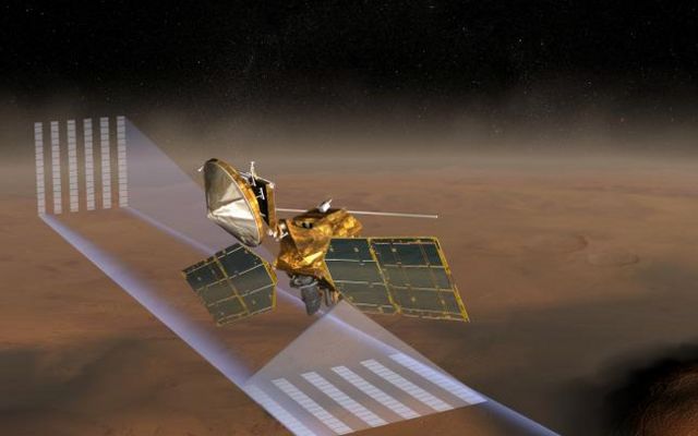 This artist's concept of NASA's Mars Reconnaissance Orbiter at Mars features one of its instruments -- the Mars Climate Sounder -- in action.