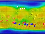 This map of Mars shows relative locations of three types of findings related to salt or frozen water, plus a new type of finding that may be related to both salt and water.