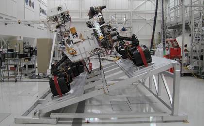 The Mast Camera (Mastcam) on NASA's Mars rover Curiosity has two rectangular "eyes" near the top of the rover's remote sensing mast. The mast is on the right side of the rover, which puts it on the left side of this image taken from in front of the rover.
