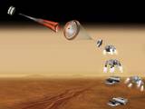 This artist's concept of a proposed Mars sample return mission portrays a series of six steps in the spacecraft's landing on Mars. NASA and the European Space Agency are collaborating on proposals for a mission to gather samples of Martian rocks and bring them to Earth after 2020.