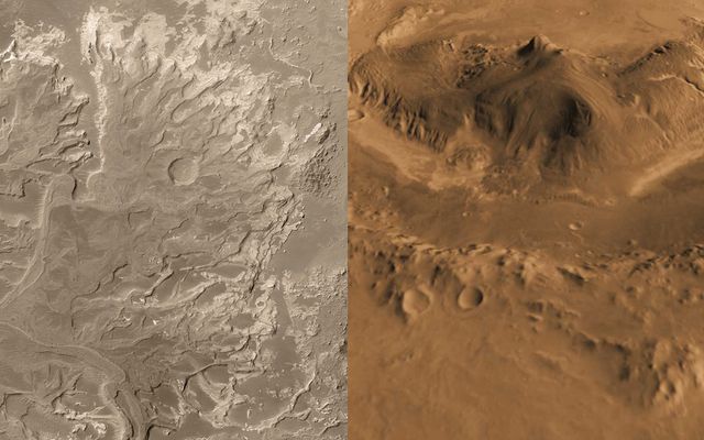 Areas within Eberswalde crater (left) and Gale crater (right) are the two finalists for the landing site of NASA's Mars Science Laboratory mission.