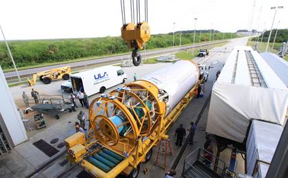 At Launch Complex 41 at Cape Canaveral Air Force Station in Florida, an overhead crane will be used to lift the Centaur upper stage for the United Launch Alliance Atlas V into the Vertical Integration Facility (VIF).