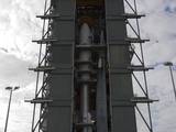 In the Vertical Integration Facility at Space Launch Complex 41, the payload fairing containing NASA's Mars Science Laboratory spacecraft was attached to its Atlas V rocket on Nov. 3, 2011.