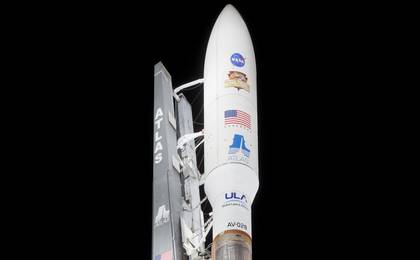 With NASA's Mars Science Laboratory (MSL) spacecraft sealed inside its payload fairing, the United Launch Alliance Atlas V rocket stands ready for launch at Space Launch Complex-41 on Cape Canaveral Air Force Station in Florida.